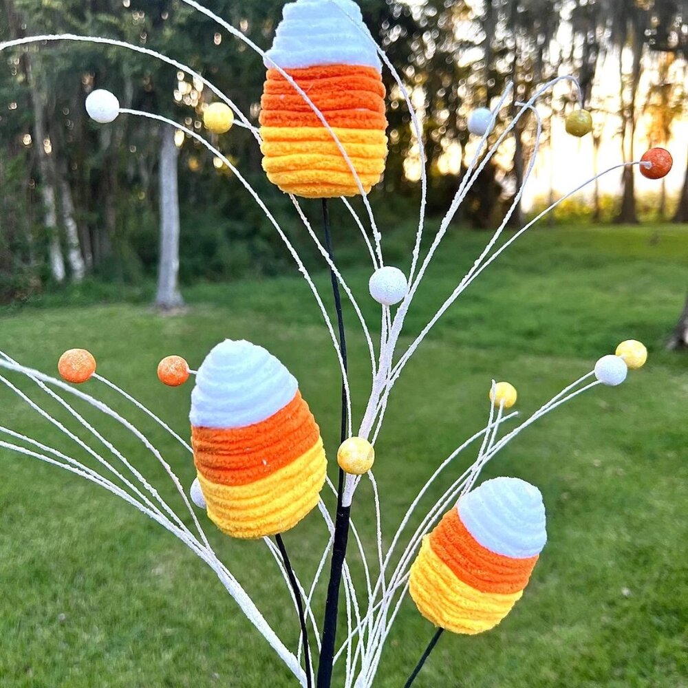 27" Velvet Rope Candy Corn Spray Pick Halloween Decoration Fall Autumn Stem